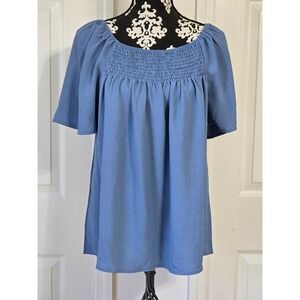 Blue Smocked‎ Square Neck Puff Sleeve Tunic Top LXL